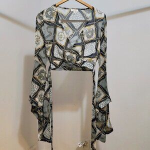 A. Peach Nautical Pattern Sheer Bell Sleeve Cropped Blouse XS